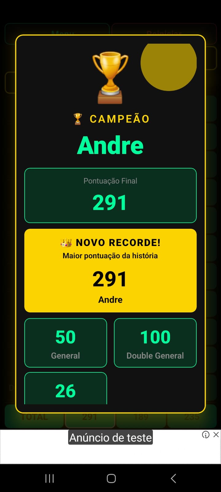 Tela de comemoração do campeão da partida