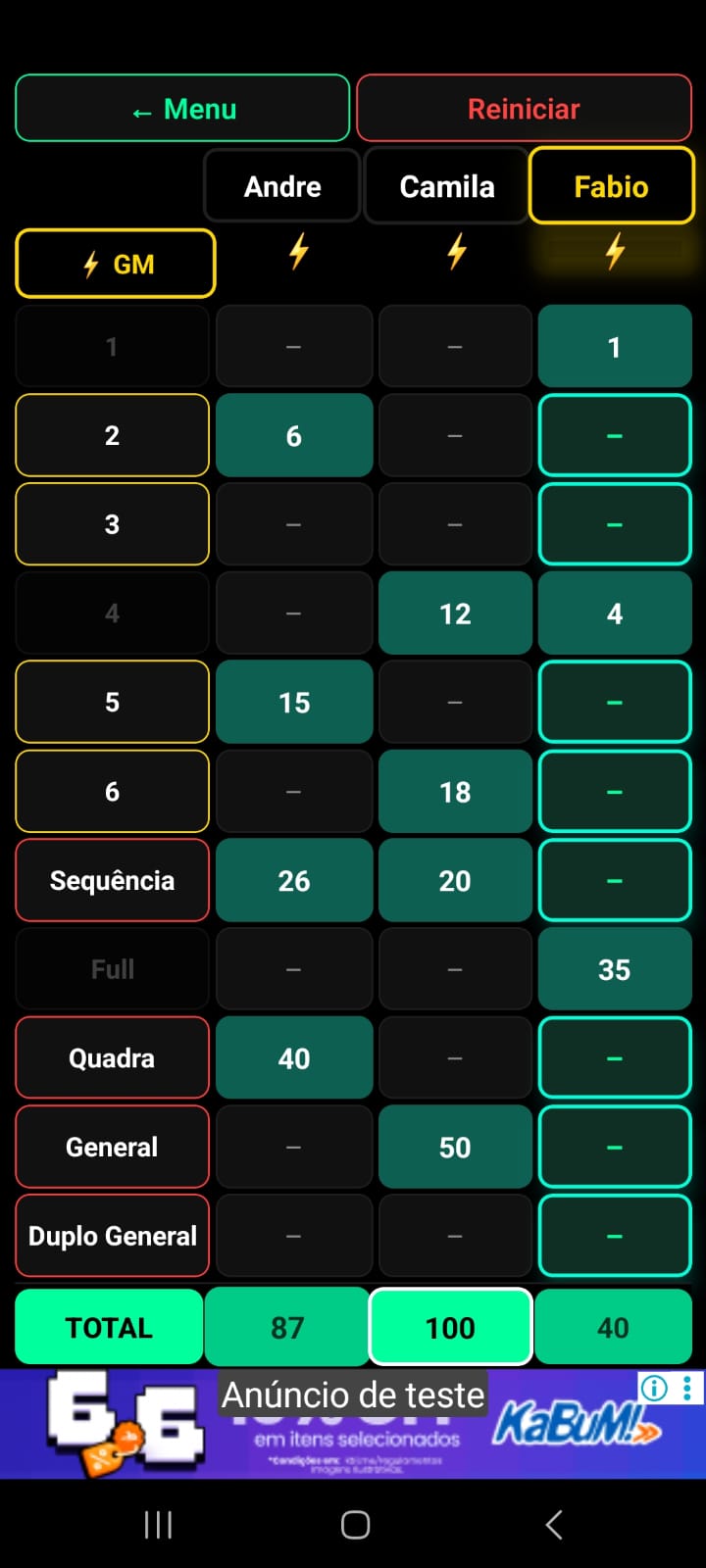 Tela de acompanhamento de partida em tempo real