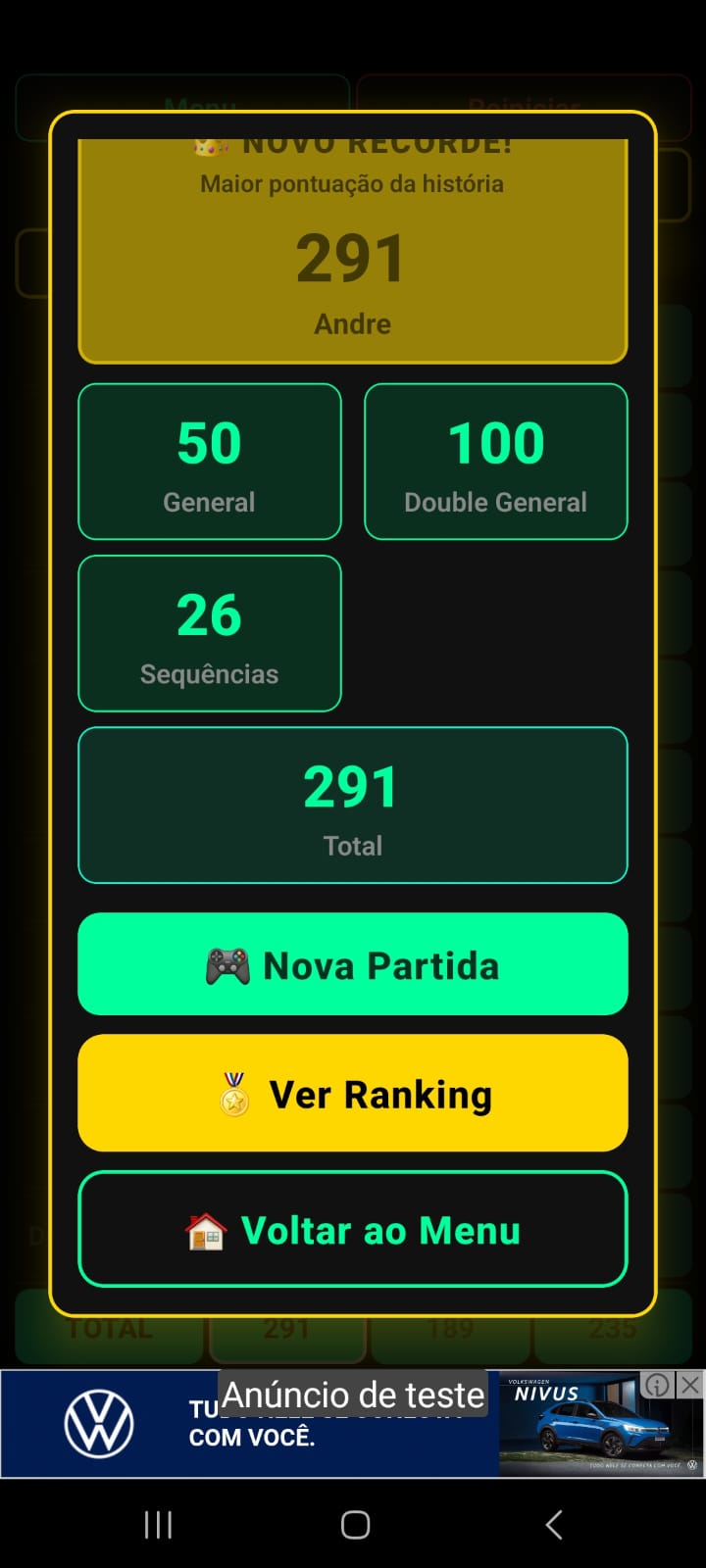 Tela de novo recorde com estatísticas detalhadas