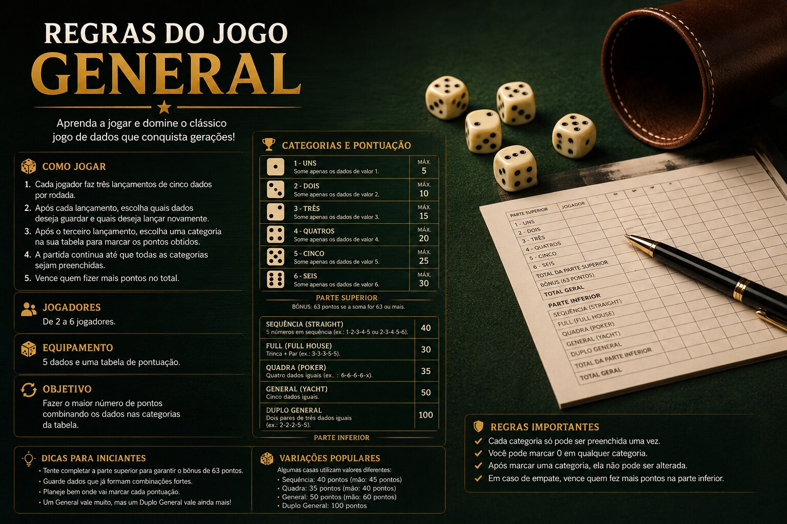 Infográfico com as regras do jogo General, dados e cartela de pontuação.